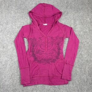 Step Up Hoodie Womens Medium Pink Graphic Henley Long Sleeve Y2K Preppy Grunge